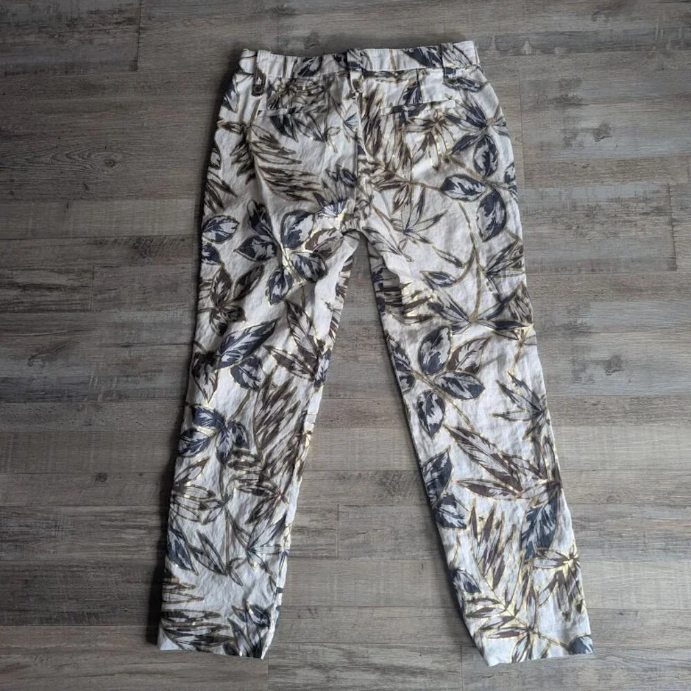 J.Crew Metallic Gold Foil Botanical Linen Garden Ankle Pants | Size 4
